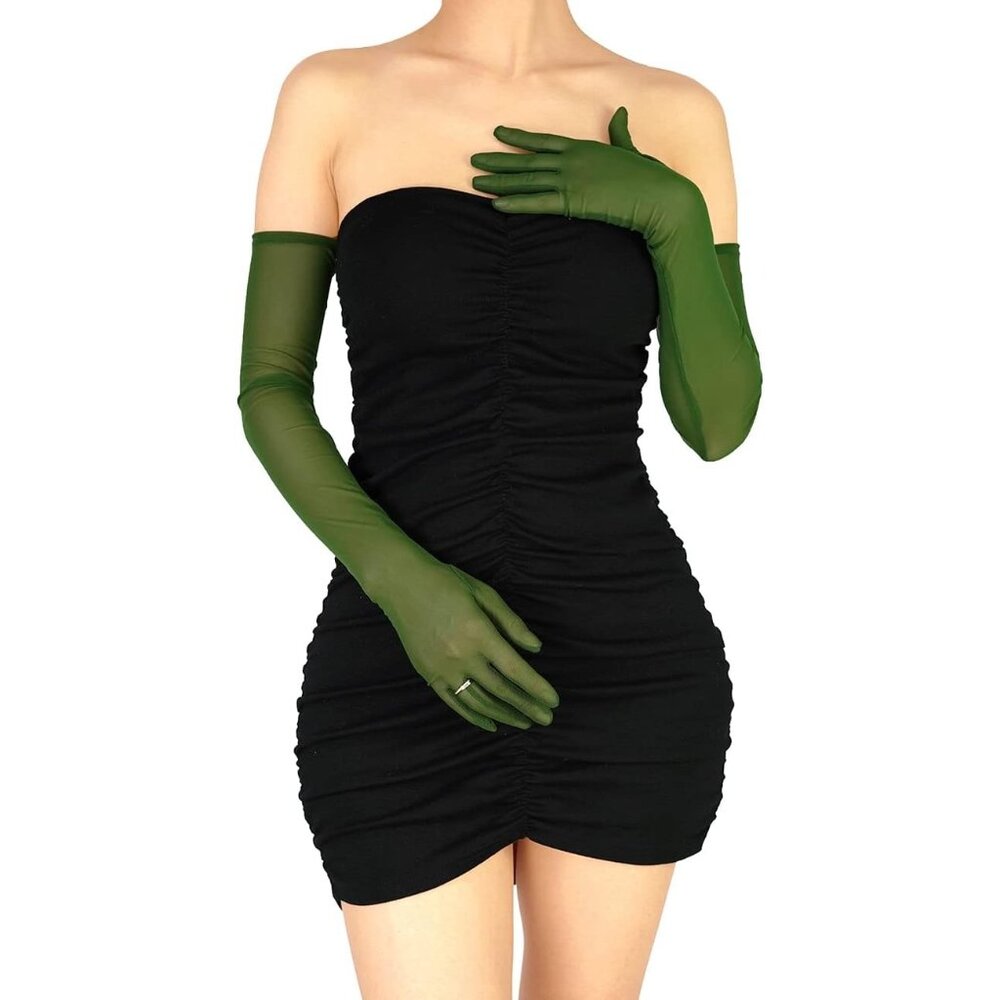 Women's Dark Green Tulle Mesh Satin Silk Sheer Gloves Design Costume Party Prom